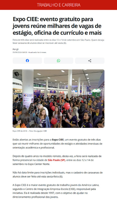 Print da tela de uma notícia do CIEE que saiu no G!