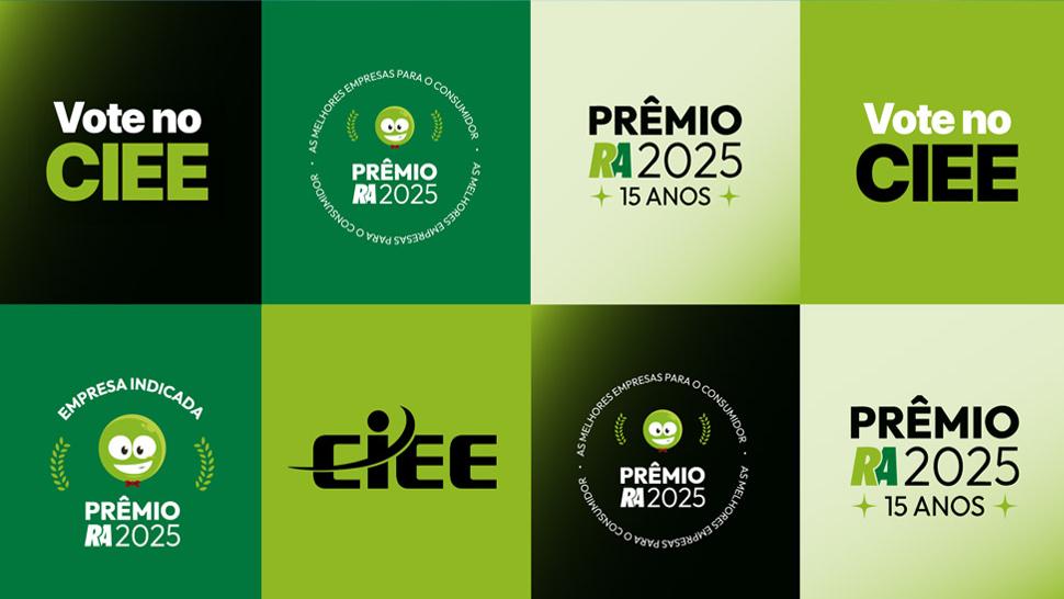 Imagem composta por um mosaico em fundo verde, preto e claro, com diferentes versões da identidade visual do Prêmio Reclame AQUI 2025. Os elementos incluem o logotipo com o texto “PRÊMIO RA 2025” em diferentes cores, a inscrição “15 anos” acompanhada de estrelas verdes, o mascote sorridente do Reclame AQUI dentro de círculos com ramos de louros, e ícones de uma figura humana sobre um pódio estilizado.